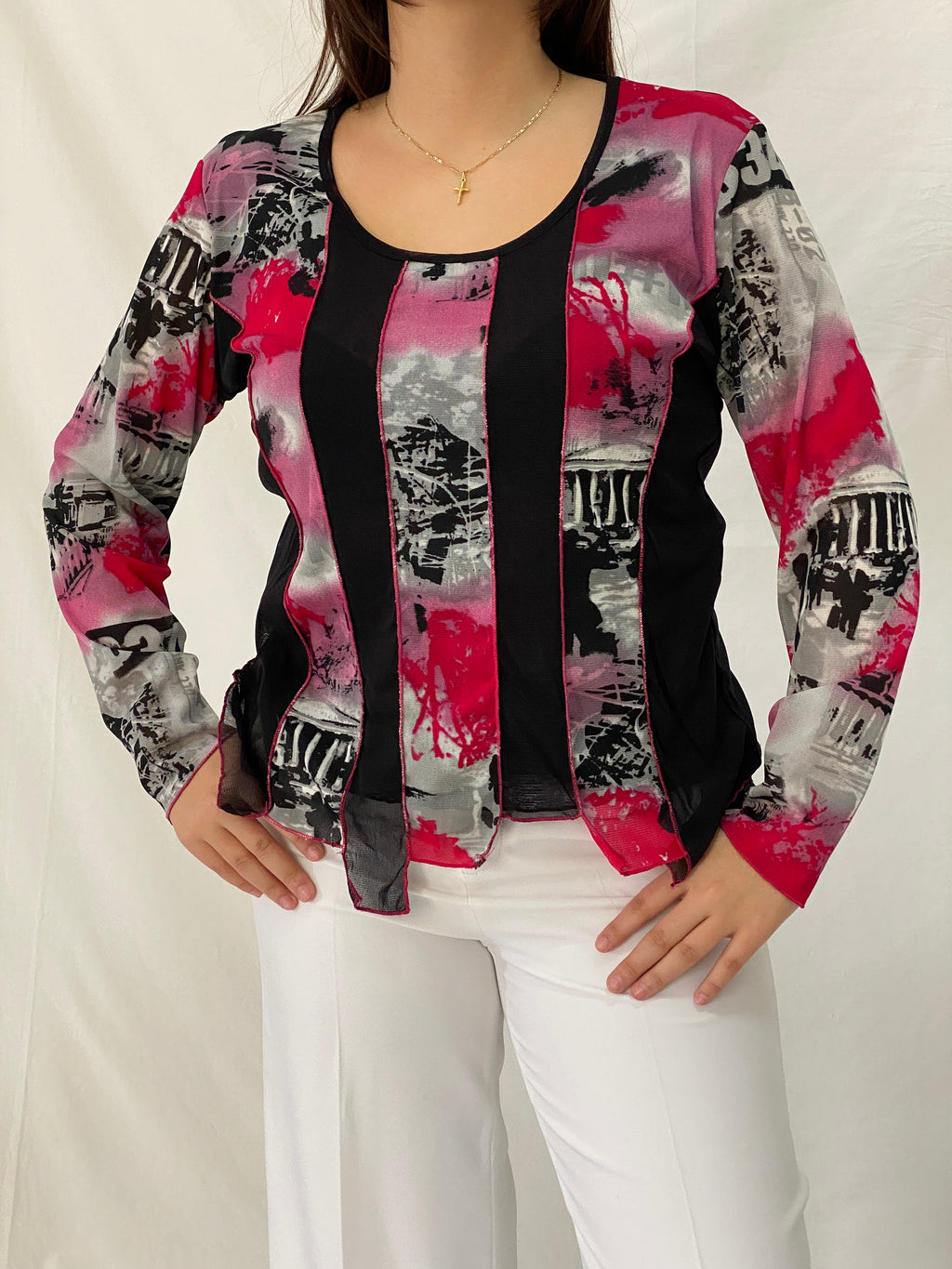 Vintage WARWICK JONES Black & Pink Striped Graphic Mesh Top - L