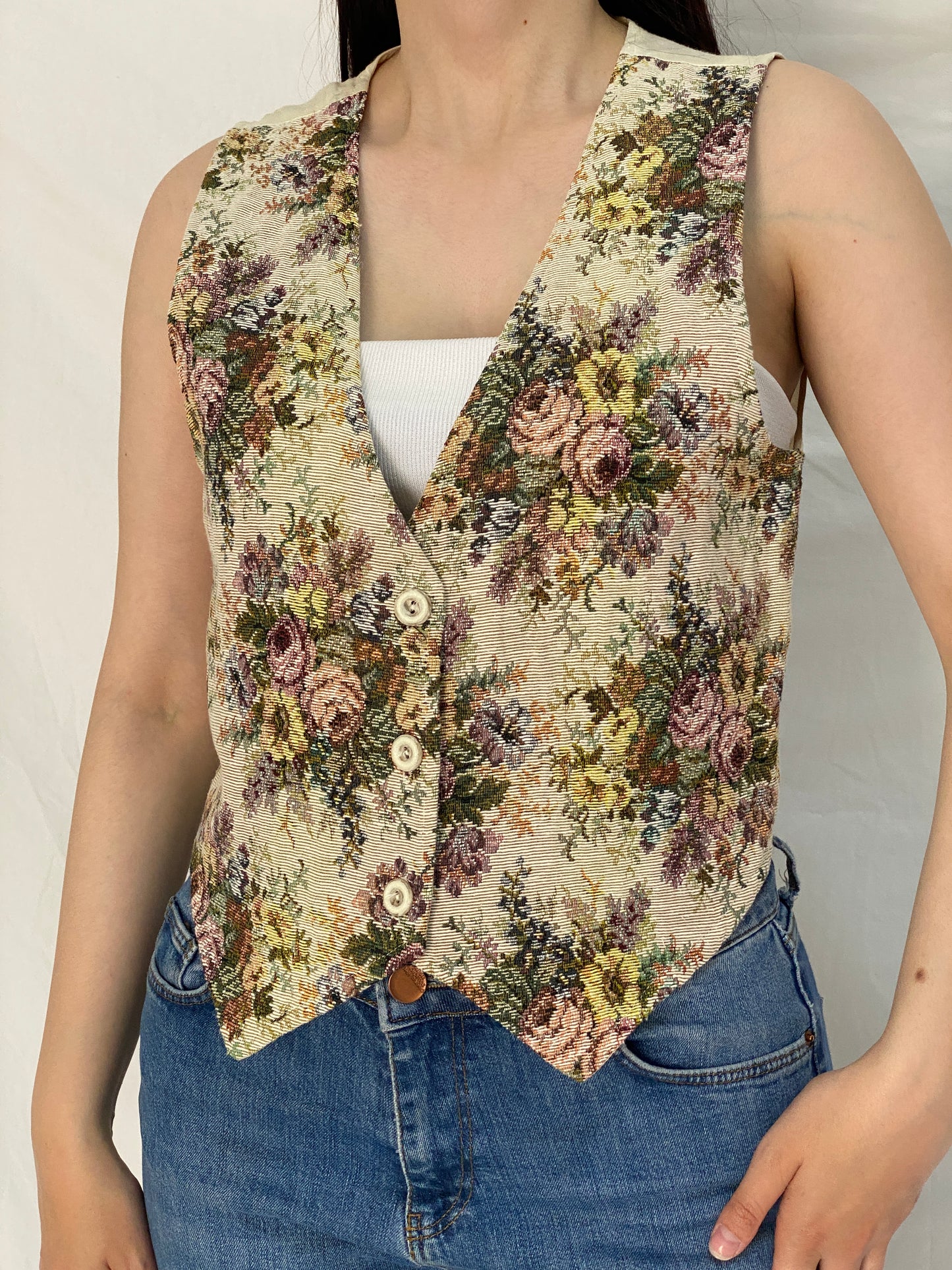 Vintage Van Heusen Floral Tapestry Button-Up Vest - S