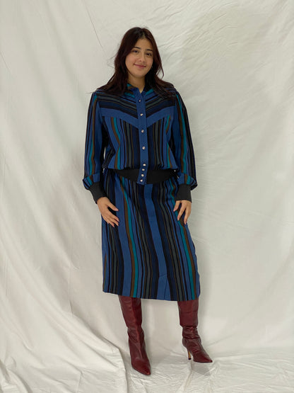Vintage Pure Wool Sporting Dress Skirt & Jacket Set Blue Striped Two-Piece Set - L