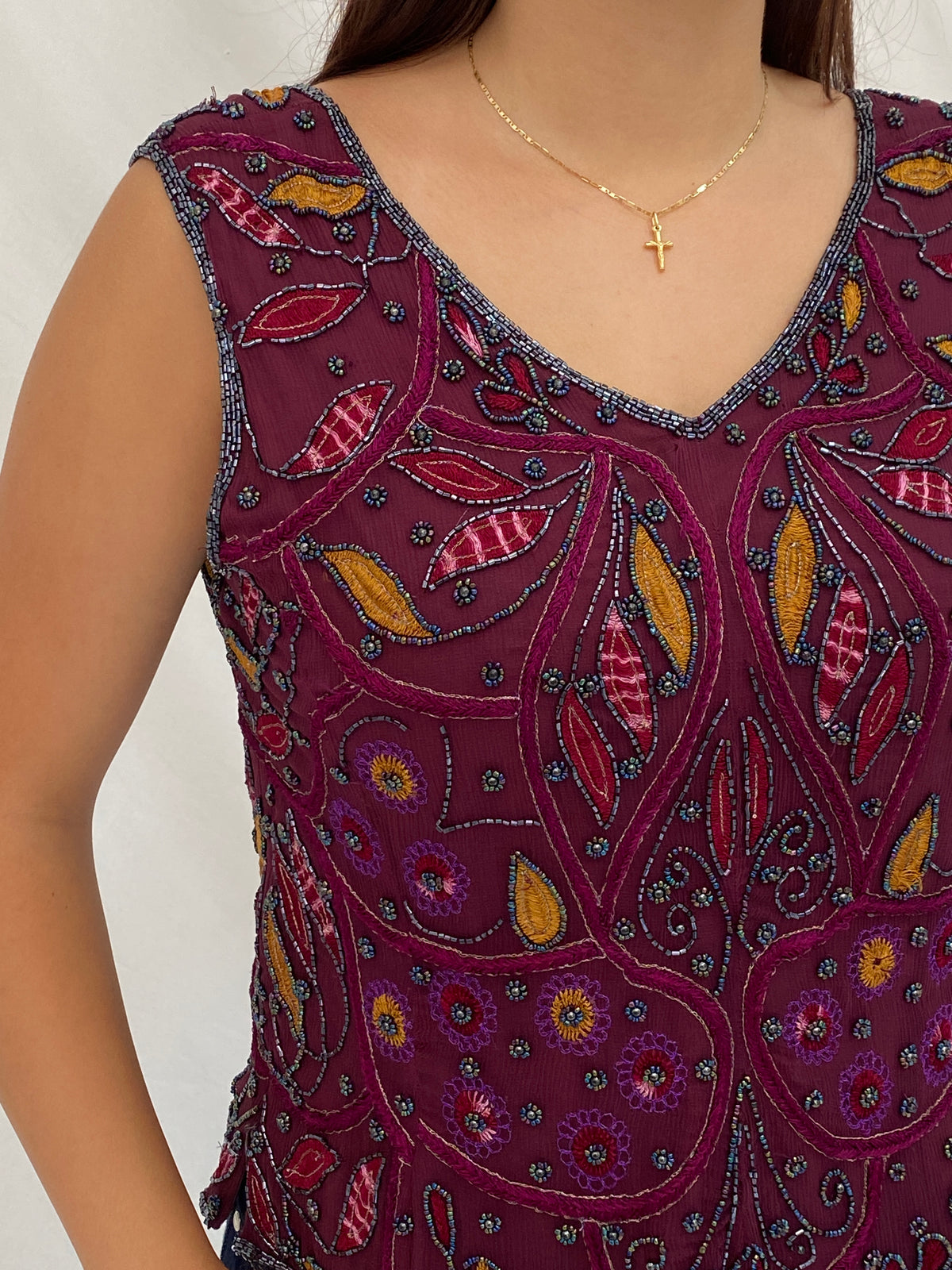 Vintage Beaded Embroidered Burgundy Handmade Evening Top - L Vintage Beaded Embroidered Burgundy Handmade Evening Top - L