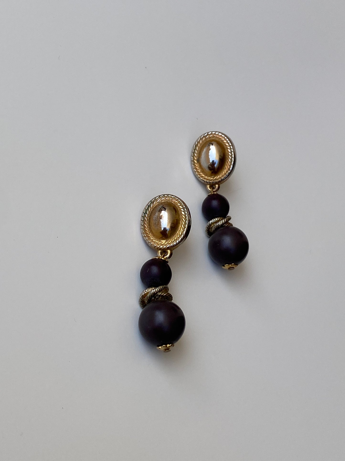 Vintage Gold Oval Rope Stud Dark Purple Black Ball Drop Earrings