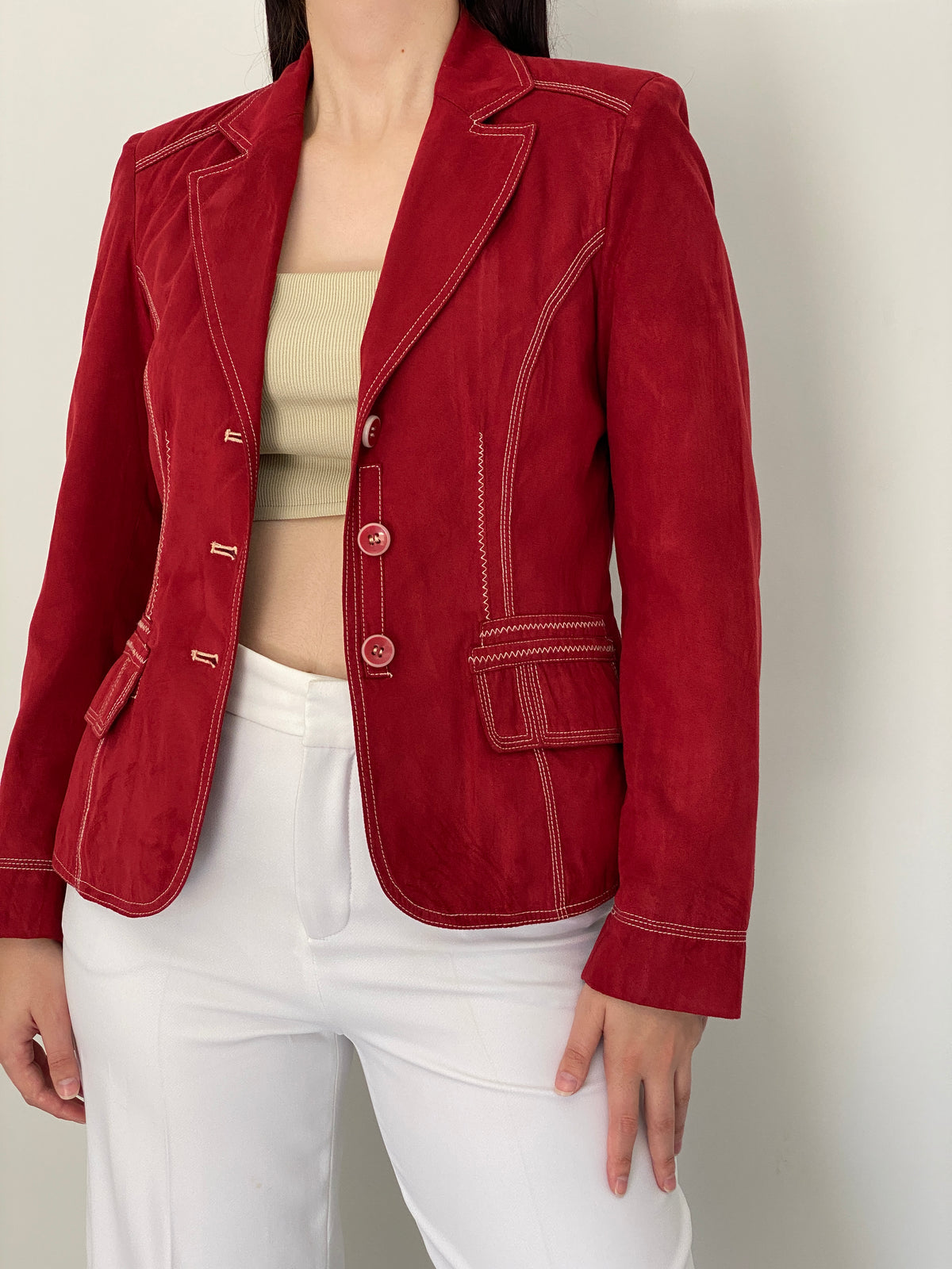 Vintage Baroness Woman Red Faux Suede Contrast Stitch Tailored Blazer – L