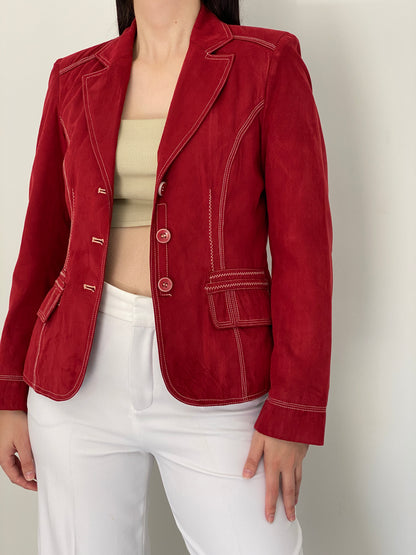 Vintage Baroness Woman Red Faux Suede Contrast Stitch Tailored Blazer – L