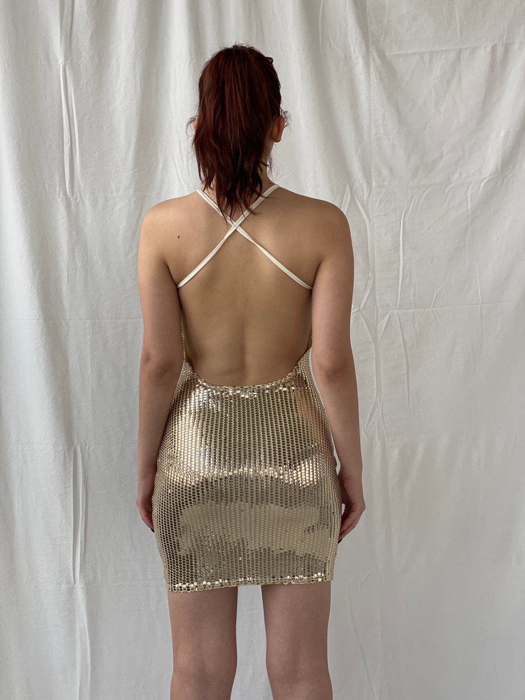 Missguided Gold Sequin Halter Neck Open Back Party Dress - S