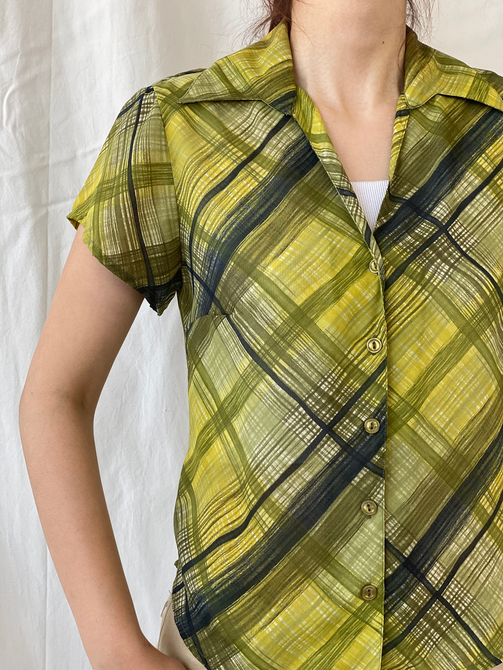 Vintage Blue Diamond Green Check Plaid Women’s Half Sleeve Shirt - M
