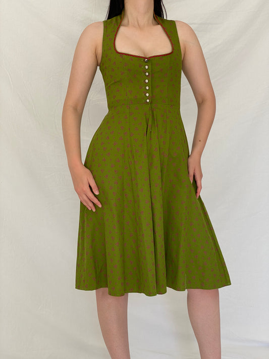 Vintage German Daller Tracht Green Cotton Floral Dirndl Folk Dress – S