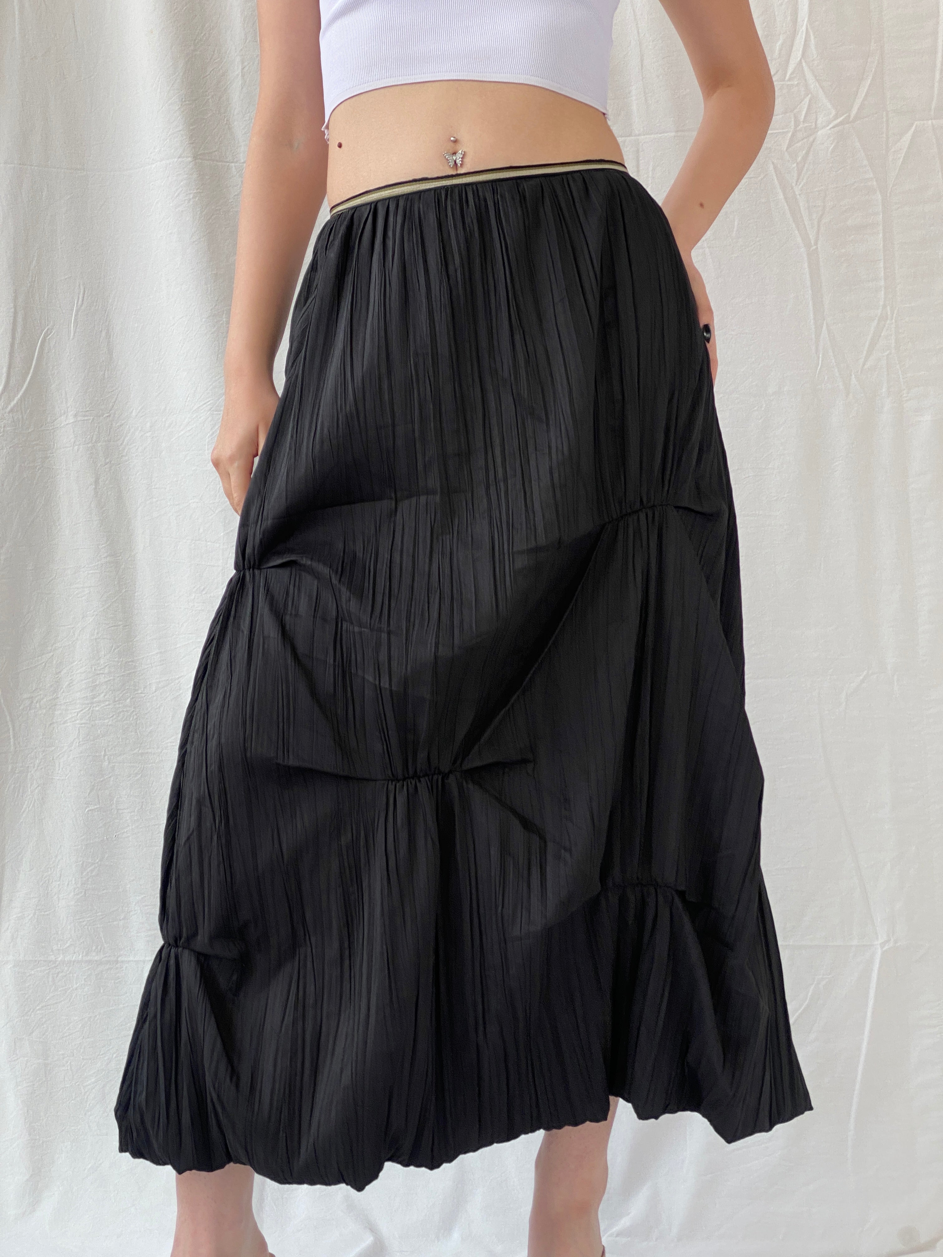 Vintage 90s French Archival Femmes Je Vous Aime Black Ruched Bubble Maxi Skirt - L