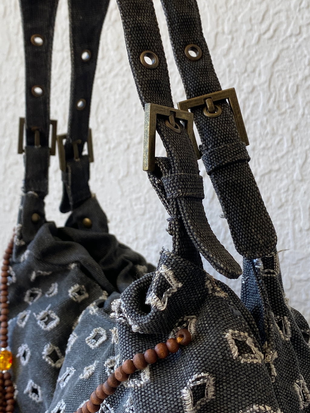 Y2K Gray Boho Hobo Denim Shoulder Bag With Side Fringes