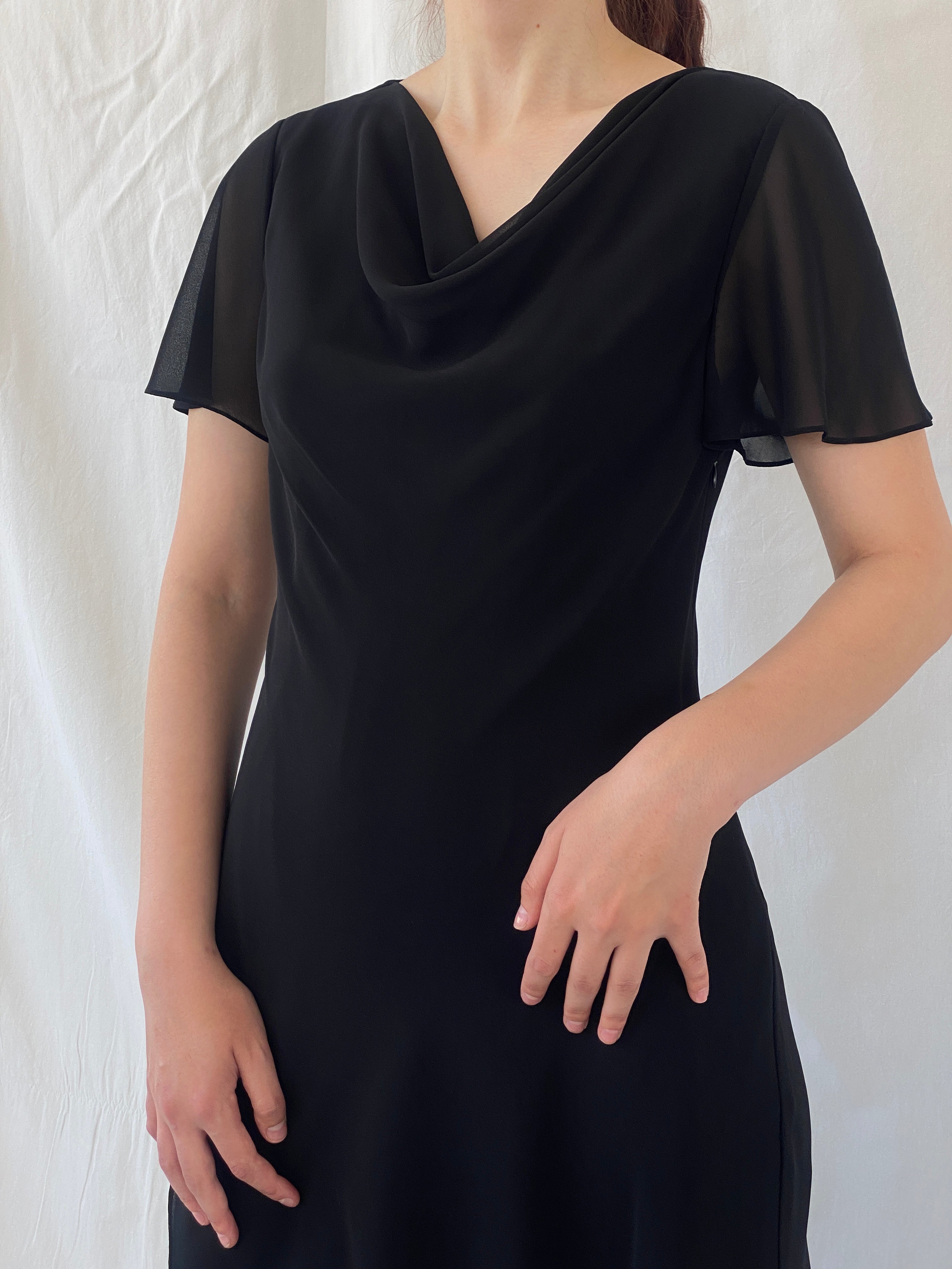 Vintage 90s Romantic Black Midi Short Sleeve Cowl Neck Dress - L
