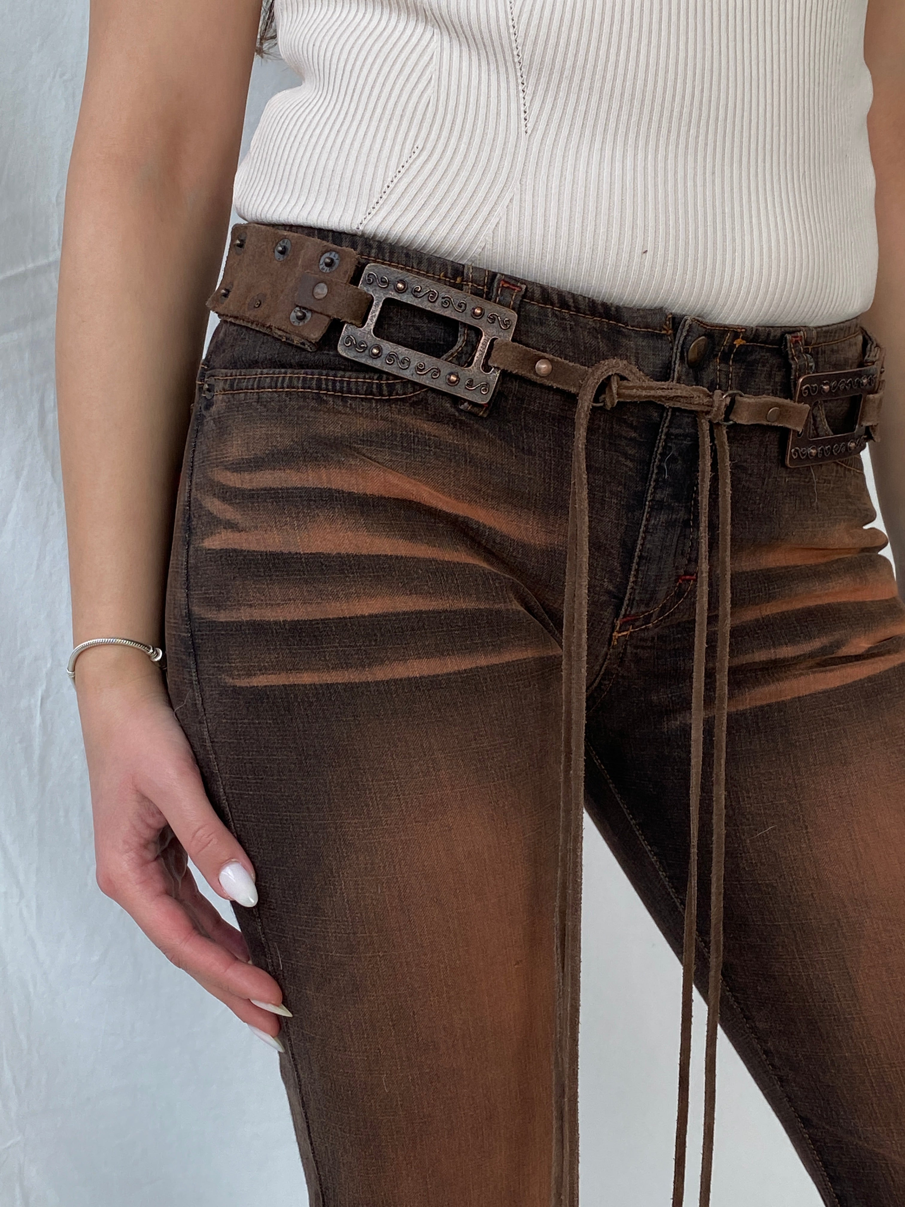 Vintage FlyGirl Brown Distressed Low Rise Biker Pants with Suede Belt - 34EUR