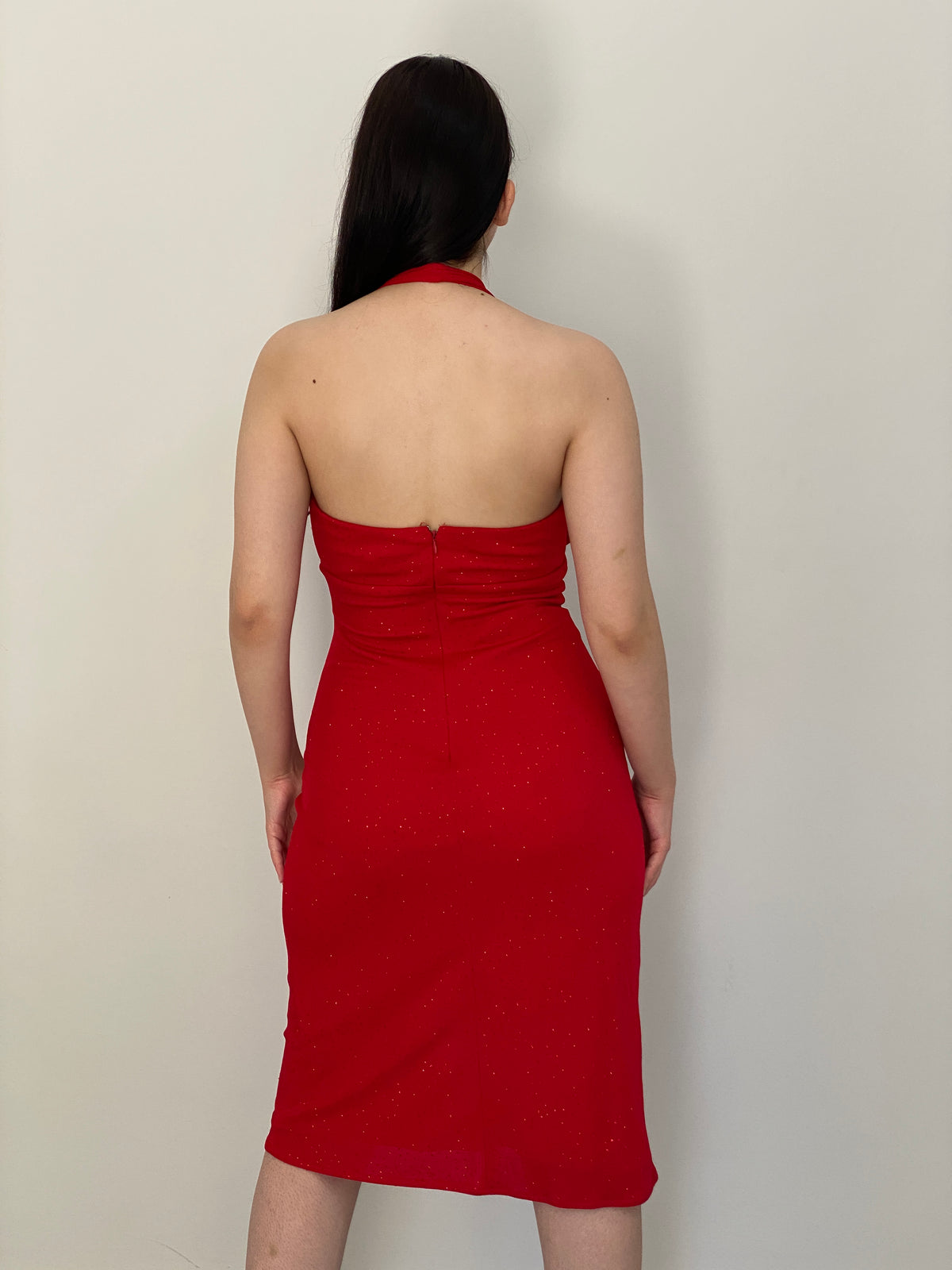 Vintage Y2K Betsy & Adam Red Rhinestone Halter Midi Dress - M