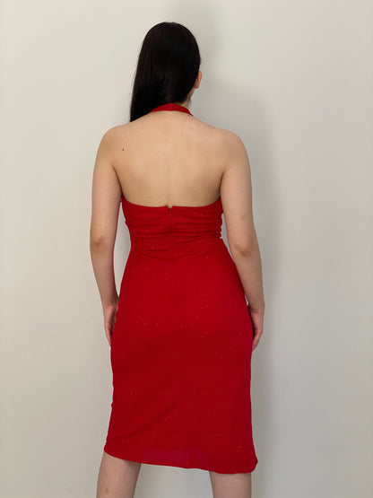 Vintage Y2K Betsy & Adam Red Rhinestone Halter Midi Dress - M
