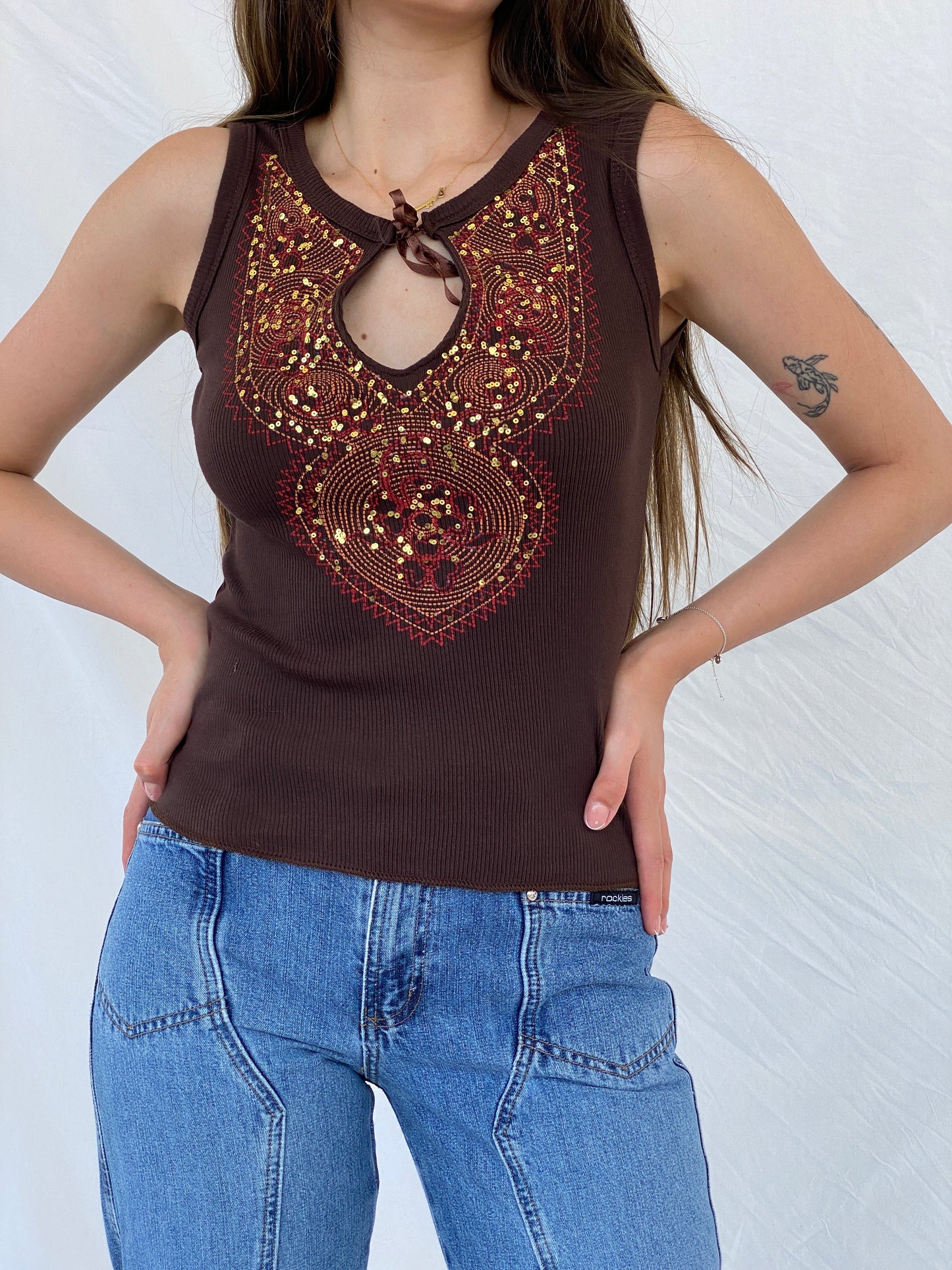 Vintage V London Brown Sequined Sleeveless Top - S