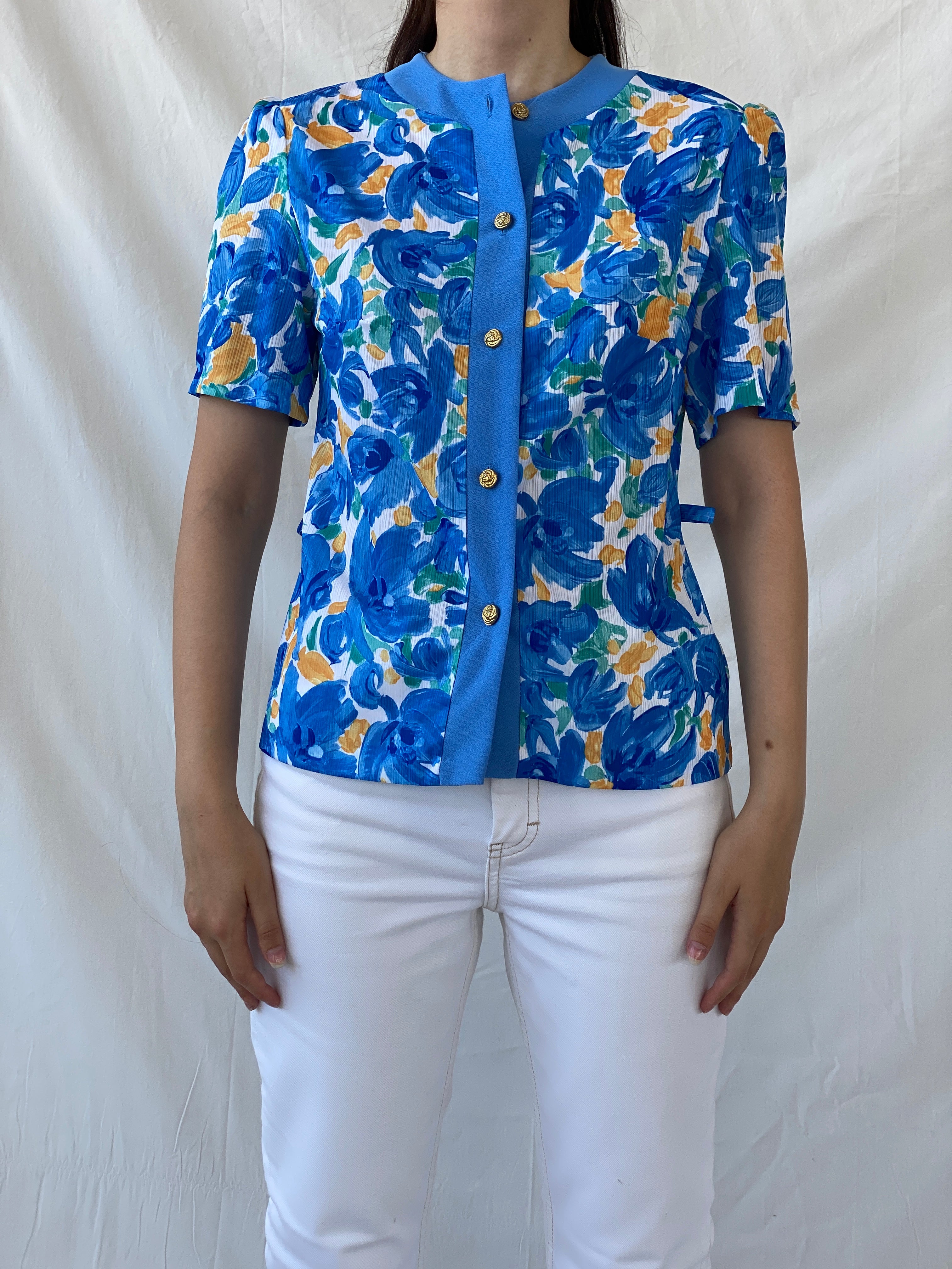 Elegant 90s Blue Orange Handmade Watercolor Floral Women’s Shirt - M