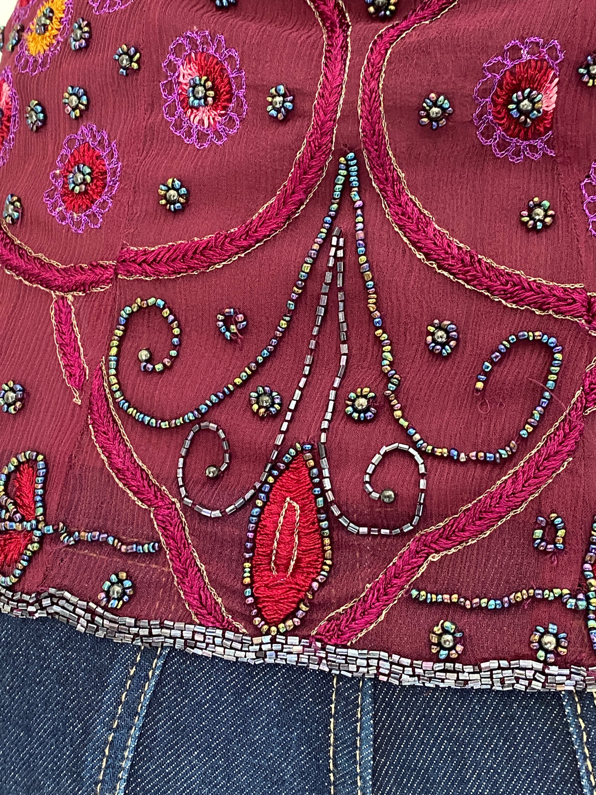 Vintage Beaded Embroidered Burgundy Handmade Evening Top - L Vintage Beaded Embroidered Burgundy Handmade Evening Top - L