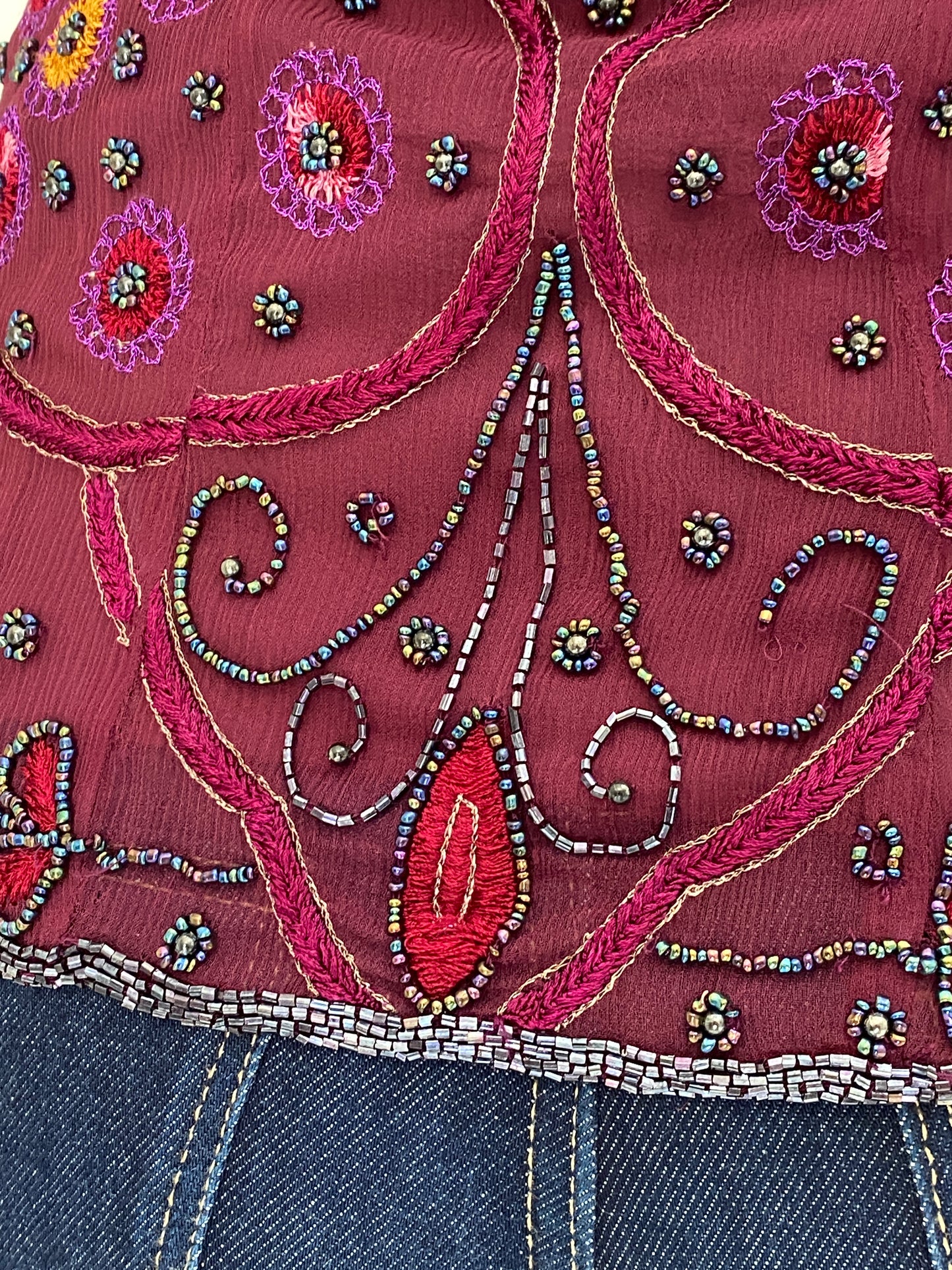 Vintage Beaded Embroidered Burgundy Handmade Evening Top - L