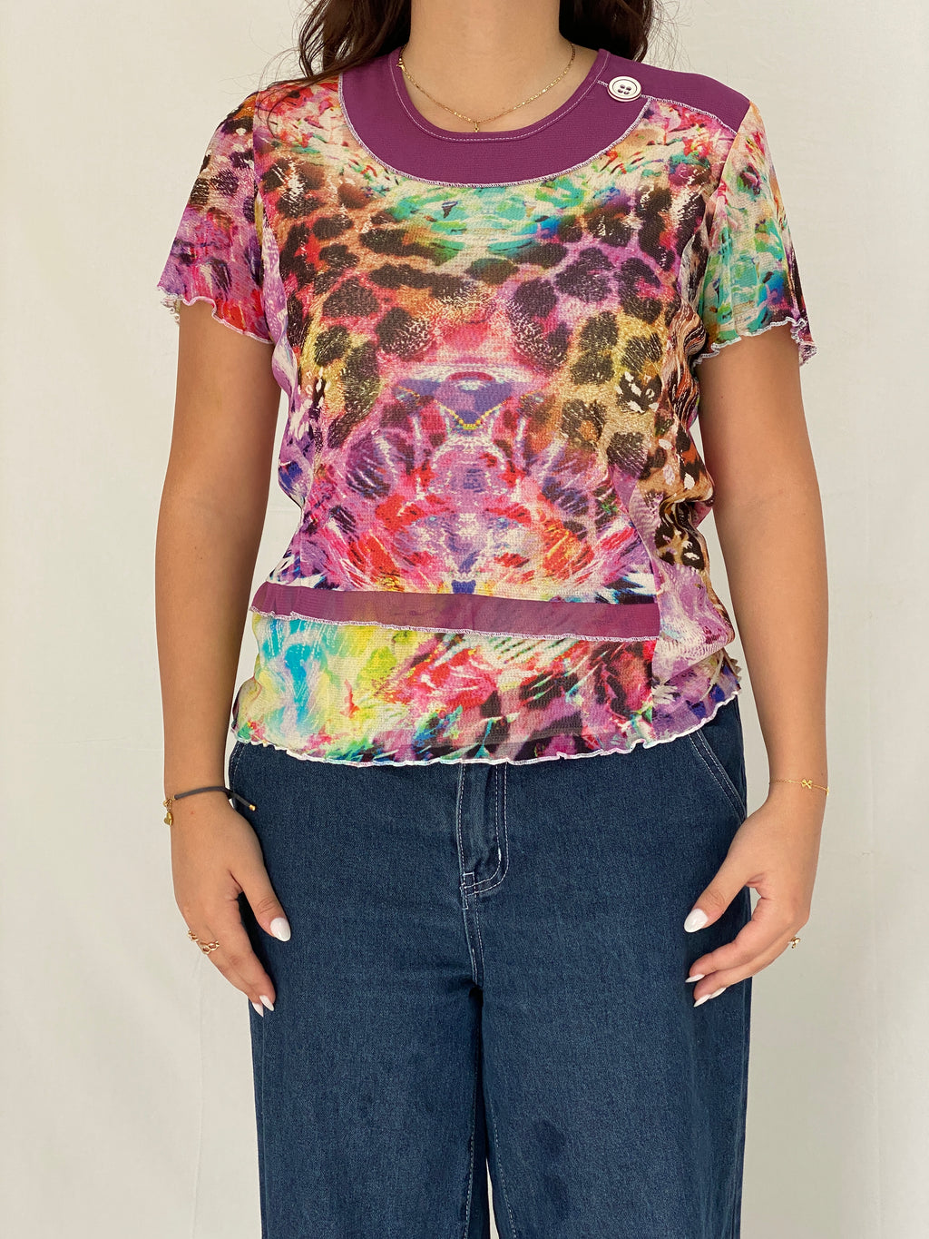Vintage 90s Gevana Made in France Mesh Print Top Colorful Sheer Abstract Leopard Tee - L