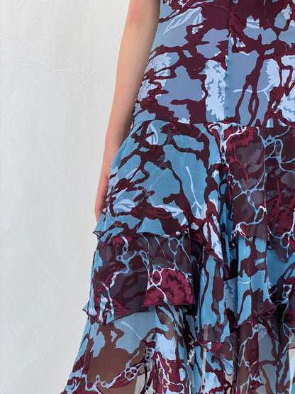 Vintage 90s Jeff Gallano Paris Layered Maroon and Blue Silk Dress - M