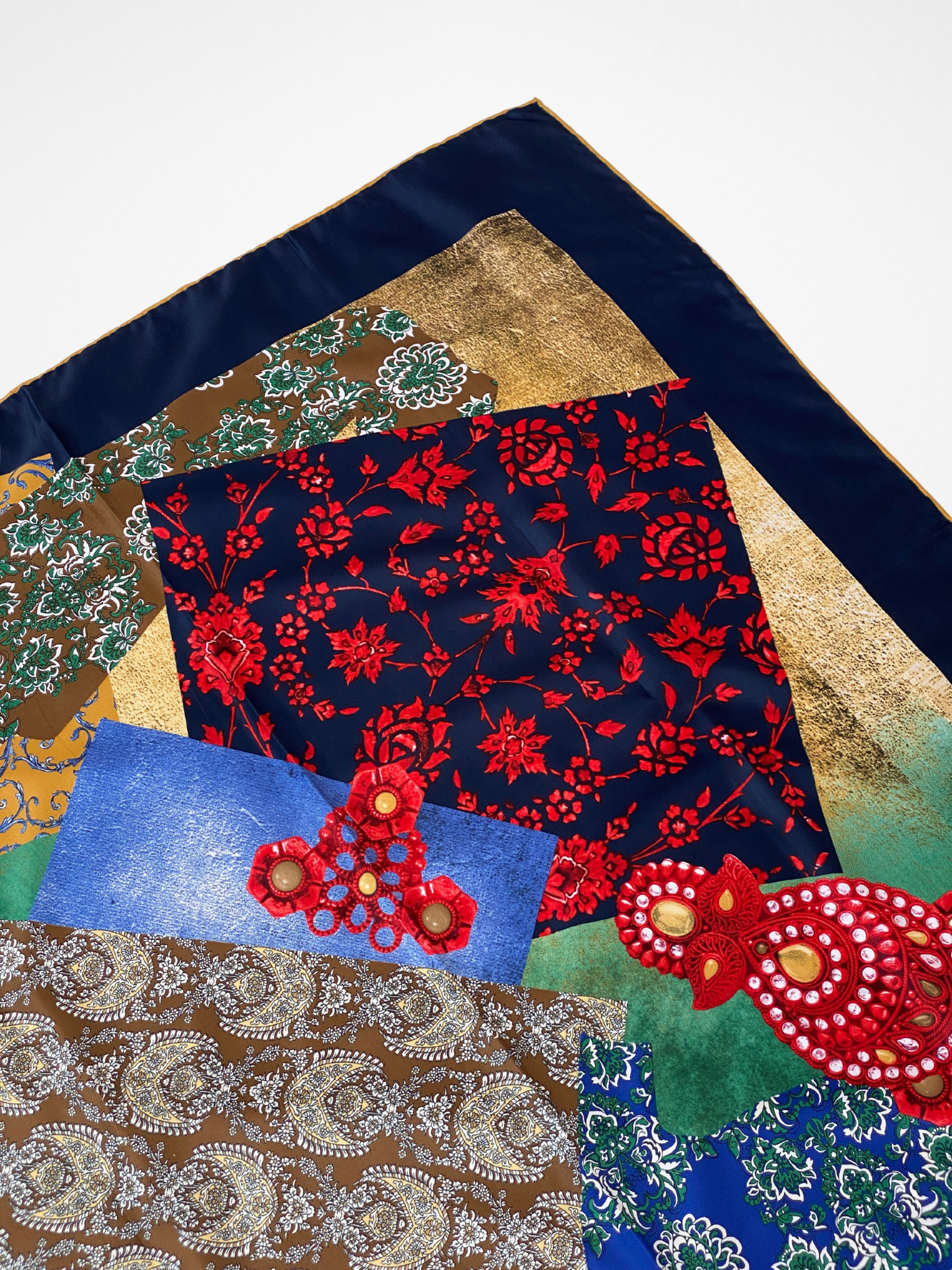 Vintage Tugee Patchwork Print Satin Navy Boho Square Scarf