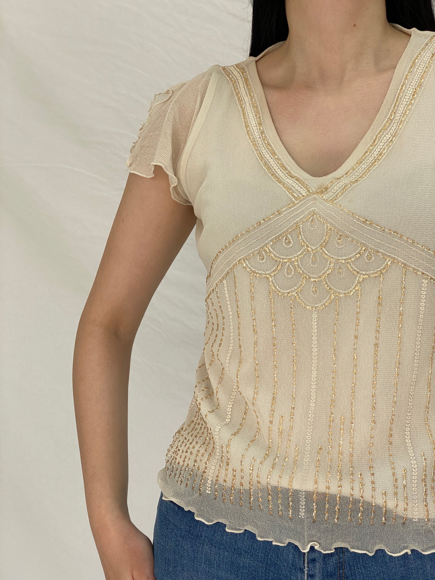 Vintage Y2K BHS Cream Beaded Mesh Top Sheer Sequin Embellished Blouse - L
