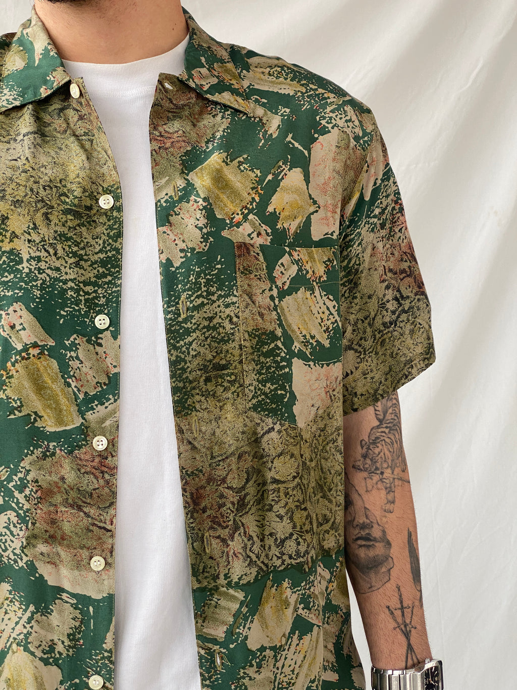 Vintage 90s Oleg Cassini Green Half Sleeve Men‘s Shirt - M