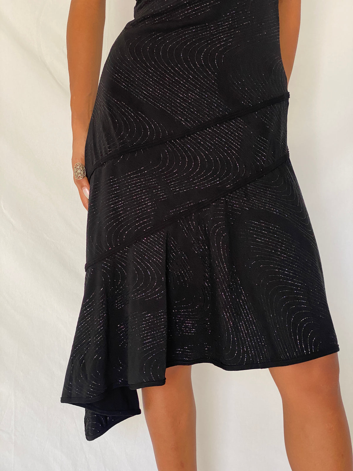 Vintage Y2K Lipstick Black Glitter Swirl Halter Asymmetric Midi Dress- S Vintage Y2K Lipstick Black Glitter Swirl Halter Asymmetric Midi Dress- S