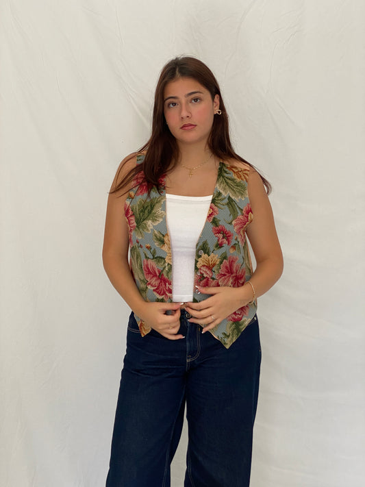 Vintage Cottagecore Floral Jacquard Pink Blue Tapestry Vest - M