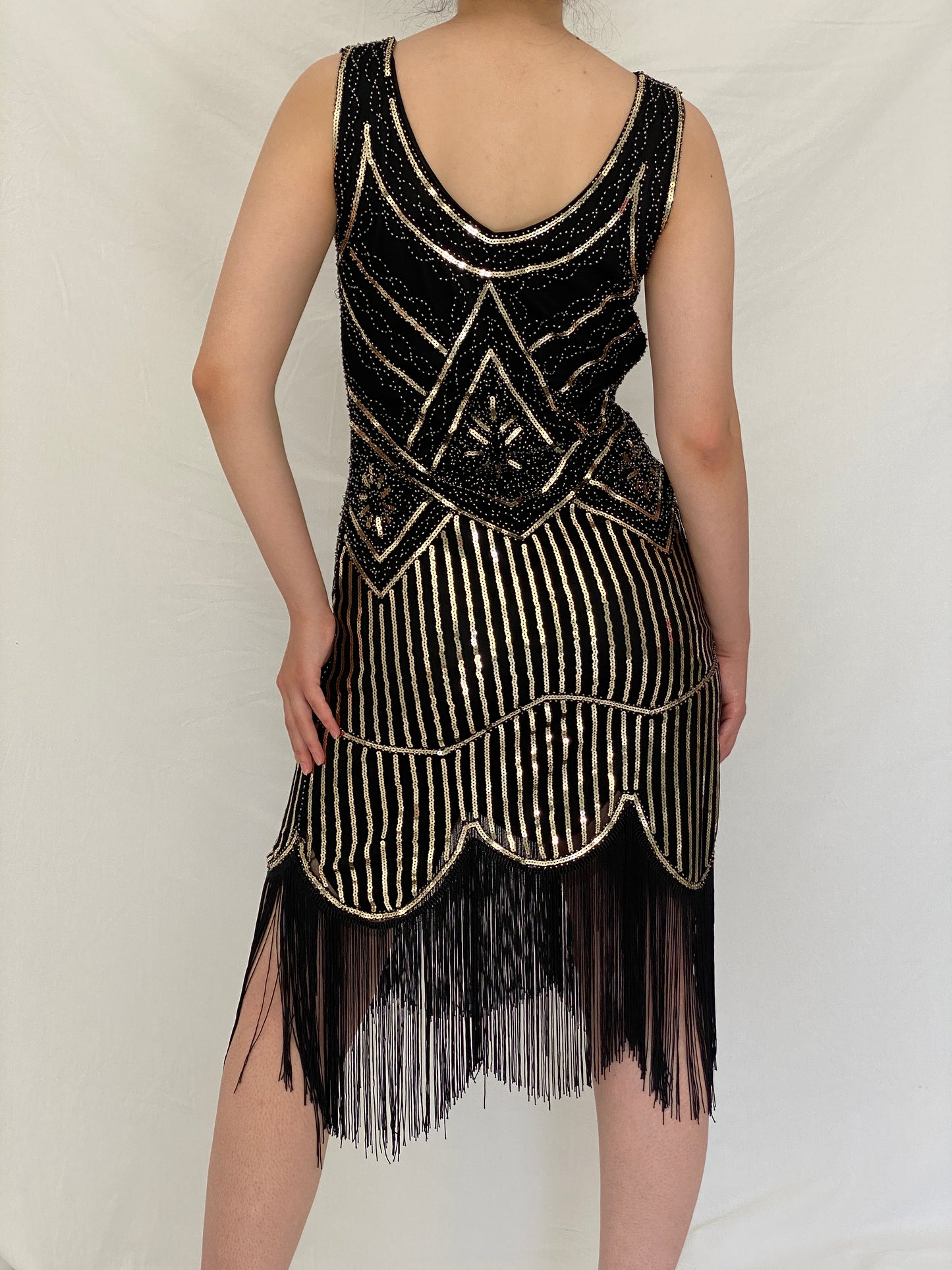 Vintage Art Deco Gatsby Black & Gold Sequin Fringe Cocktail Dress –  S