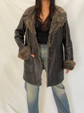 Vintage Genuine Leather Coat with Faux Fur Collar & Cuffs 70s Style Shearling Lined Brown Jacket - XL