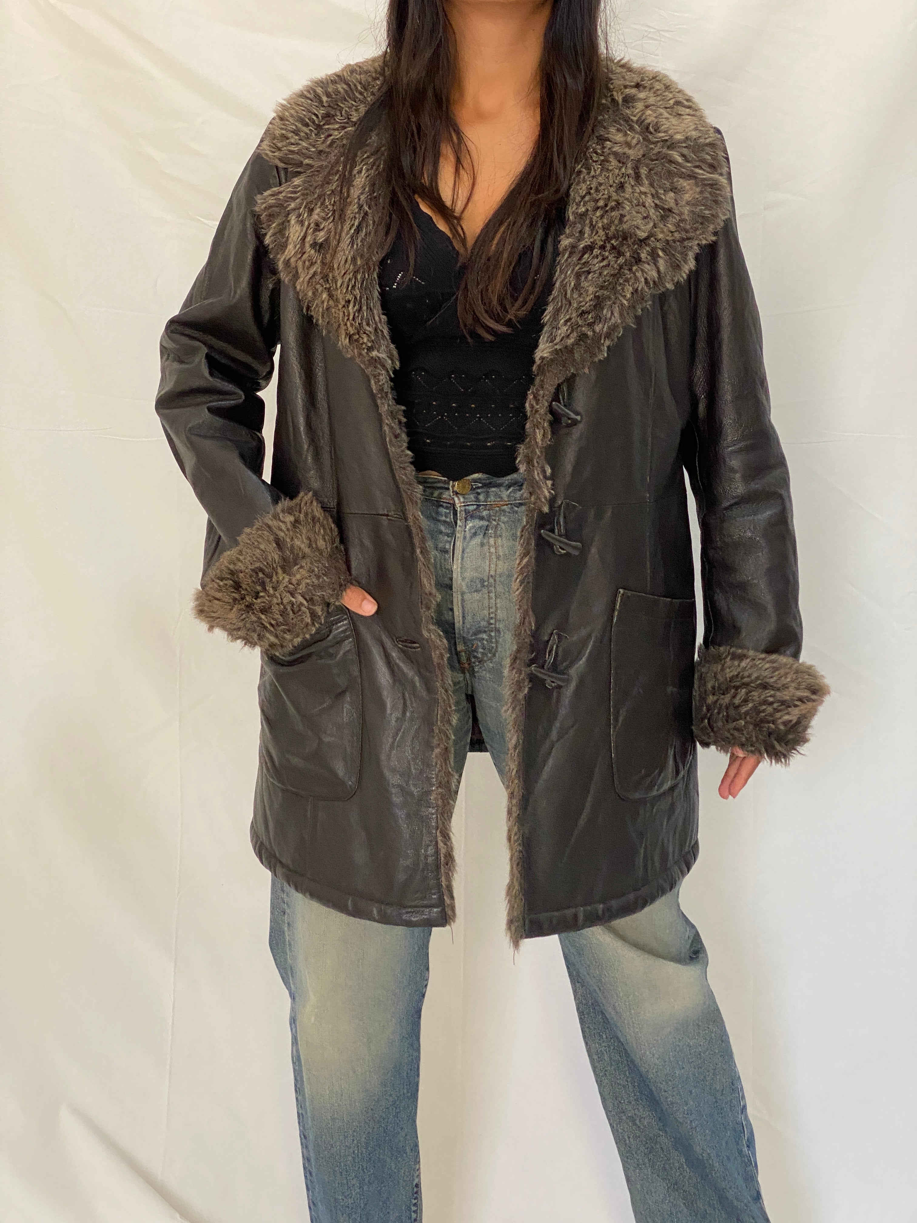 Vintage Genuine Leather Coat with Faux Fur Collar & Cuffs 70s Style Shearling Lined Brown Jacket - XL