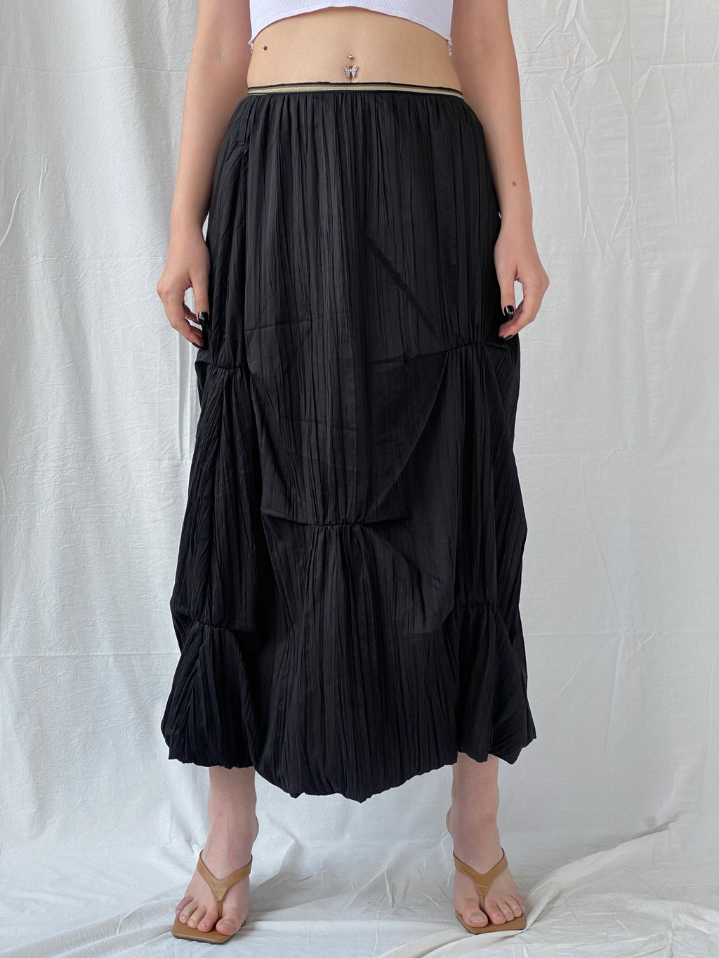 Vintage 90s French Archival Femmes Je Vous Aime Black Ruched Bubble Maxi Skirt - L