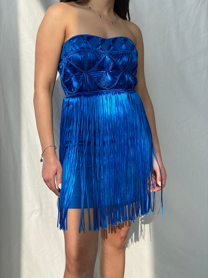 Y2K Bebe Royal Blue Fringe Strapless Mini Tube Dress - XS