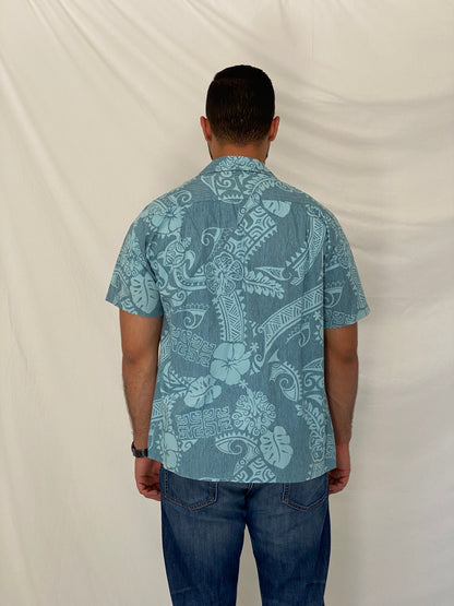 Vintage RJC Hawaiian Blue Cotton Aloha Tropical Tribal Camp Shirt – L