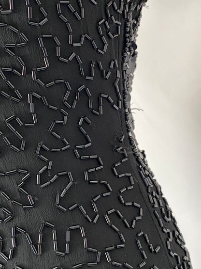 Vintage 90s Nite Line Black Silk Beaded Fringe Halter Mini Dress – XS