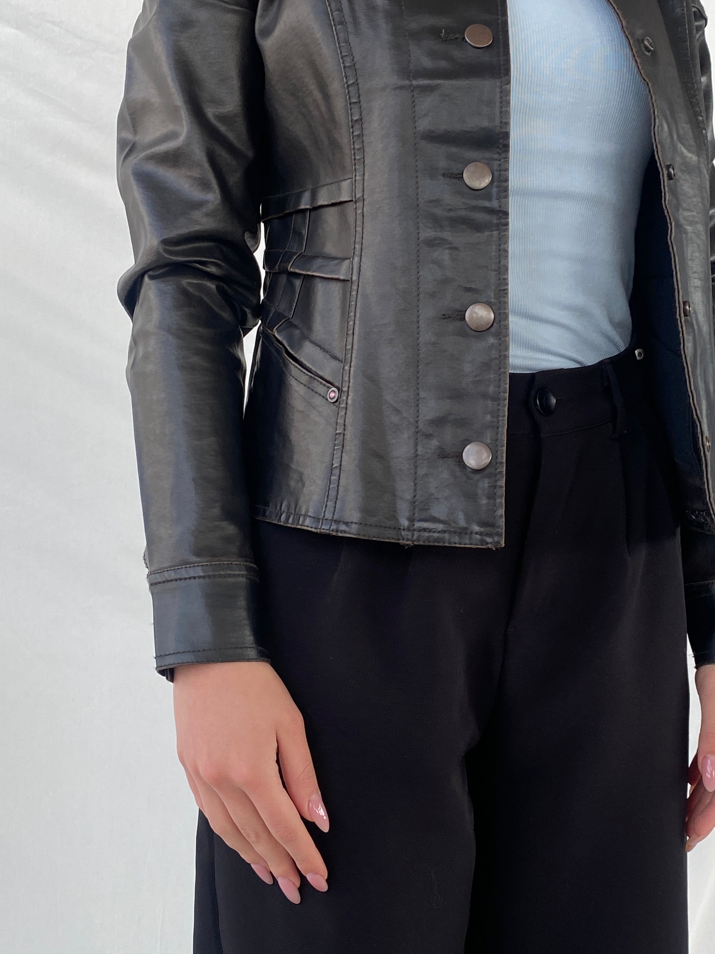 Vintage Distressed Black Structured Leather Clip Up Jacket - XS