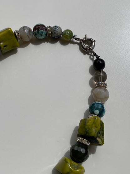 Vintage Natural Mixed Stone Statement Necklace Olive Jade, Onyx with Rhinestone Spacers