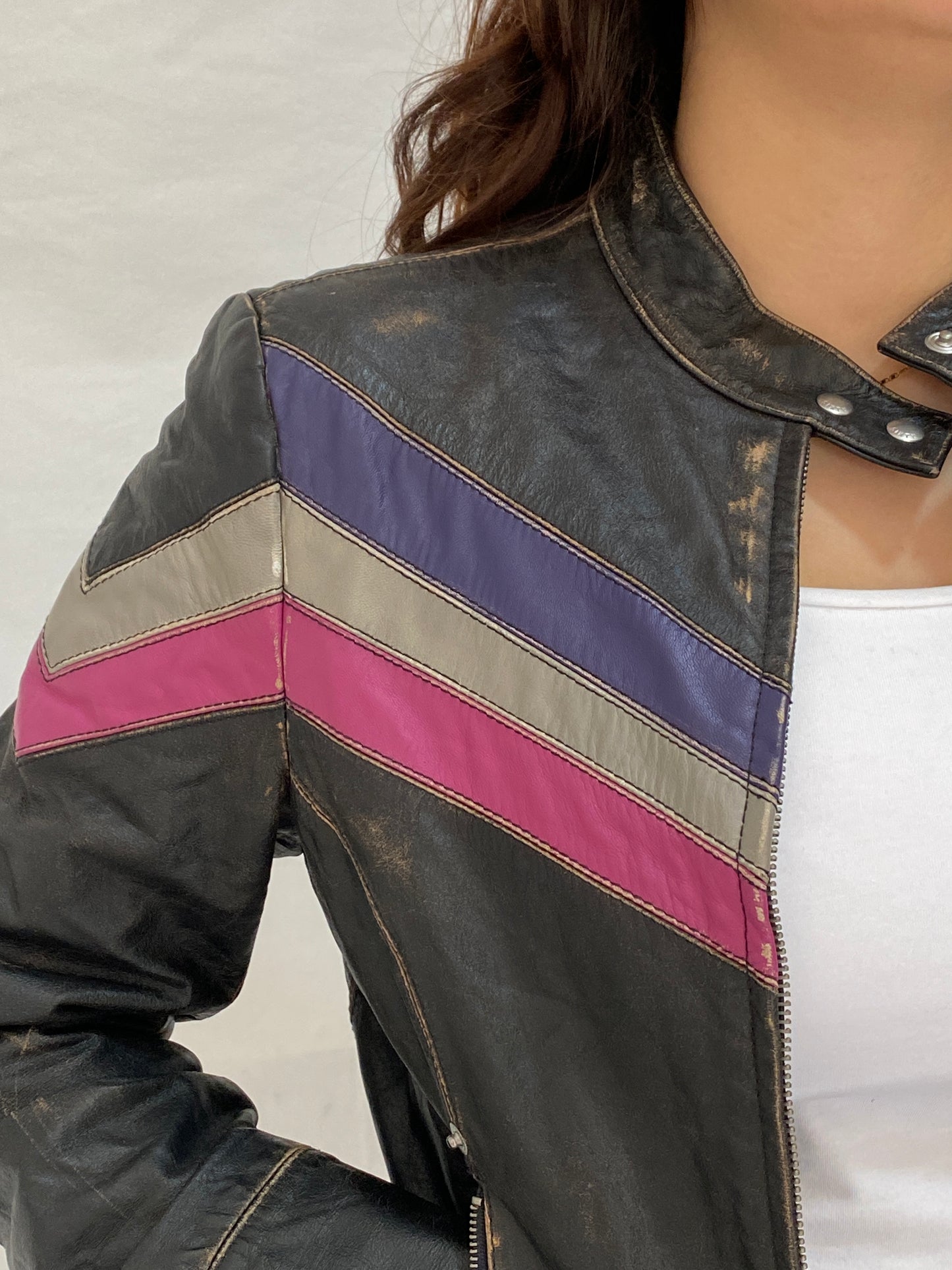 Vintage Miss Sixty Distressed Genuine Leather Moto Jacket Y2K Chevron Colorblock Biker - M