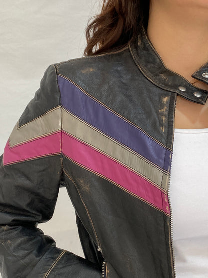 Vintage Miss Sixty Distressed Genuine Leather Moto Jacket Y2K Chevron Colorblock Biker - M