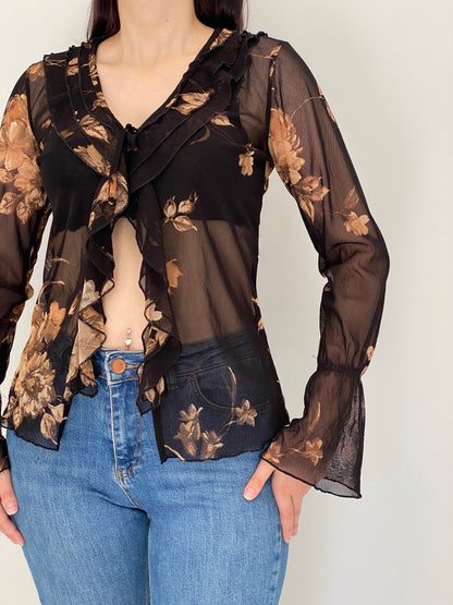 Vintage Y2K Surrender Women Black & Brown Floral Sheer Mesh Ruffle Blouse - M