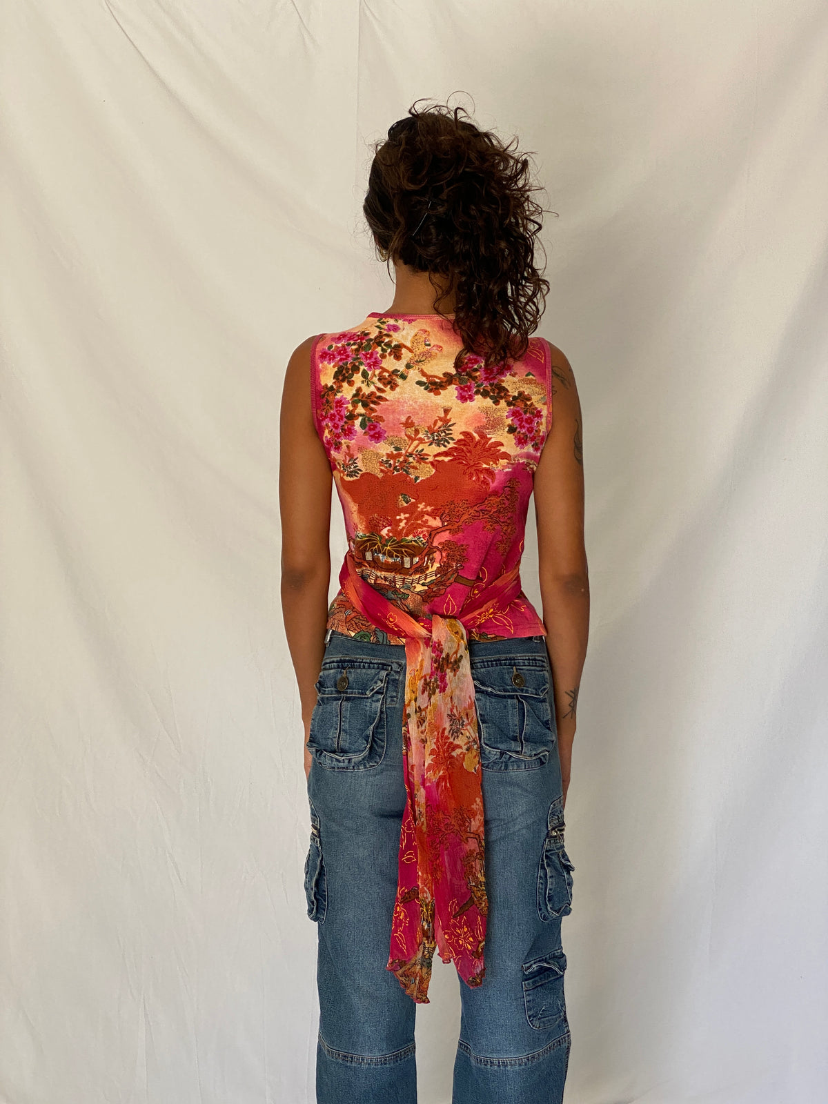 Vintage Y2K Derhy Pink Orange Embellished Floral Boho Draped Sleeveless Top - S Vintage Y2K Derhy Pink Orange Embellished Floral Boho Draped Sleeveless Top - S