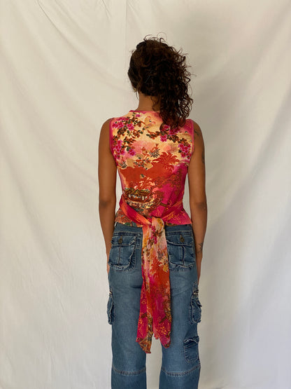 Vintage Y2K Derhy Pink Orange Embellished Floral Boho Draped Sleeveless Top - S