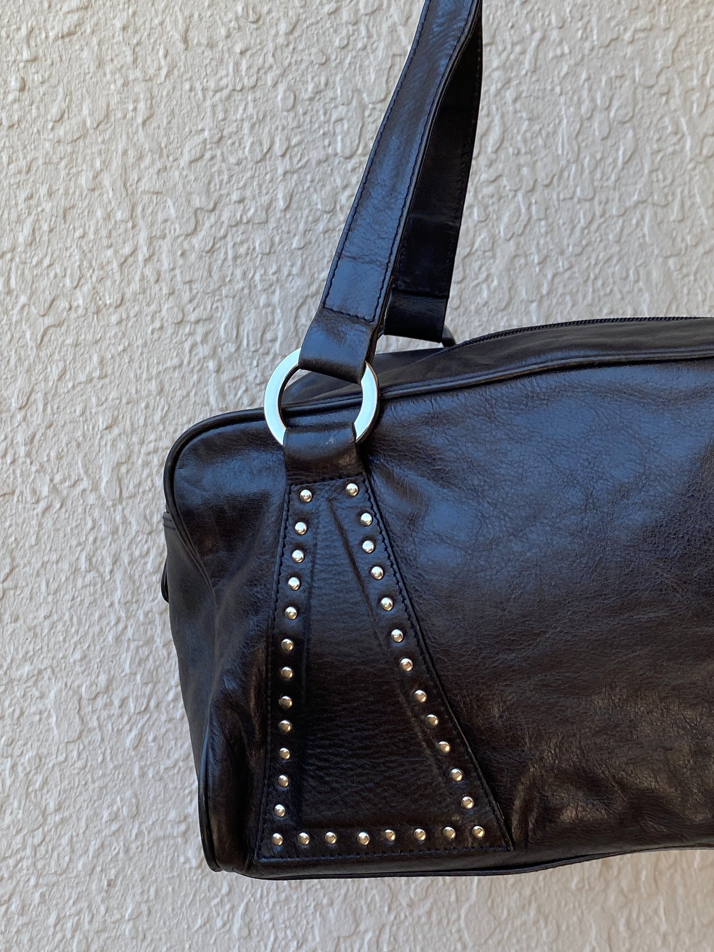 Vintage Black Faux Leather Studded Bowling Shoulder Bag