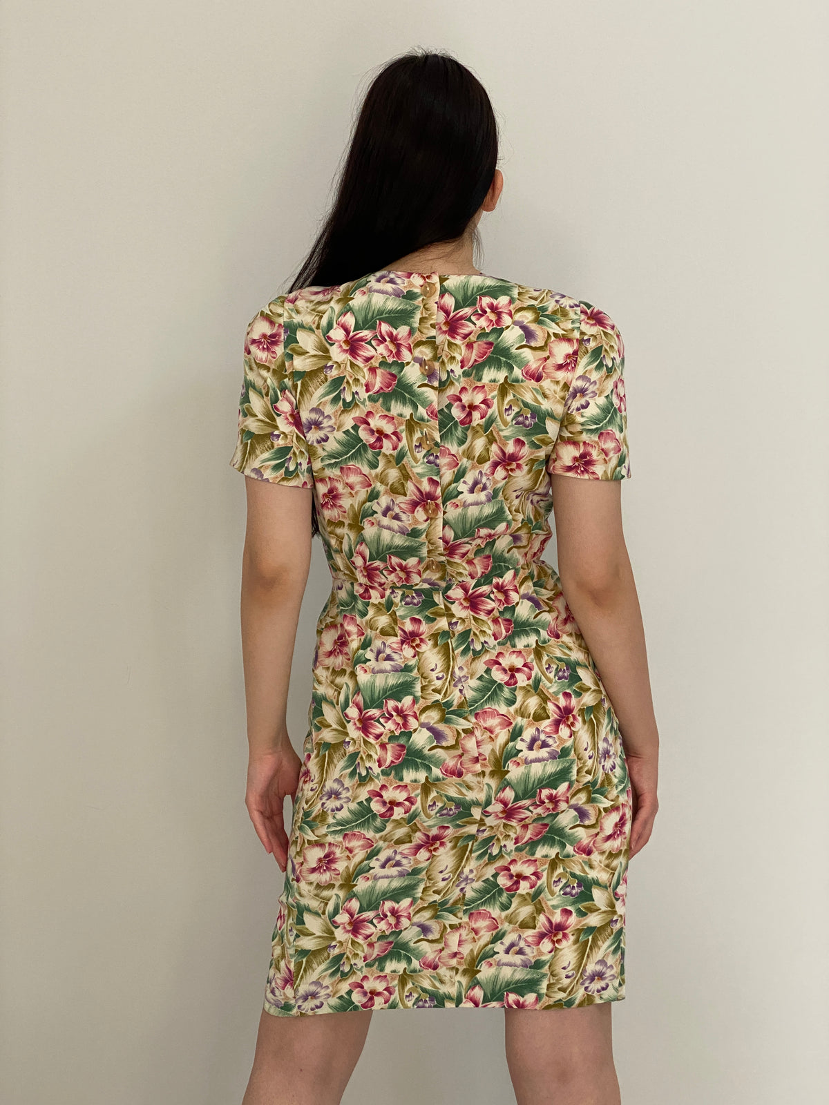 Vintage 90s Liz Claiborne Cream Rayon Tropical Floral Wrap-Style Dress - S