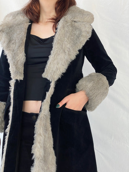 Vintage 90s Wild Rose Penny Lane Black Faux Grey Fur Afghan Style Coat - M