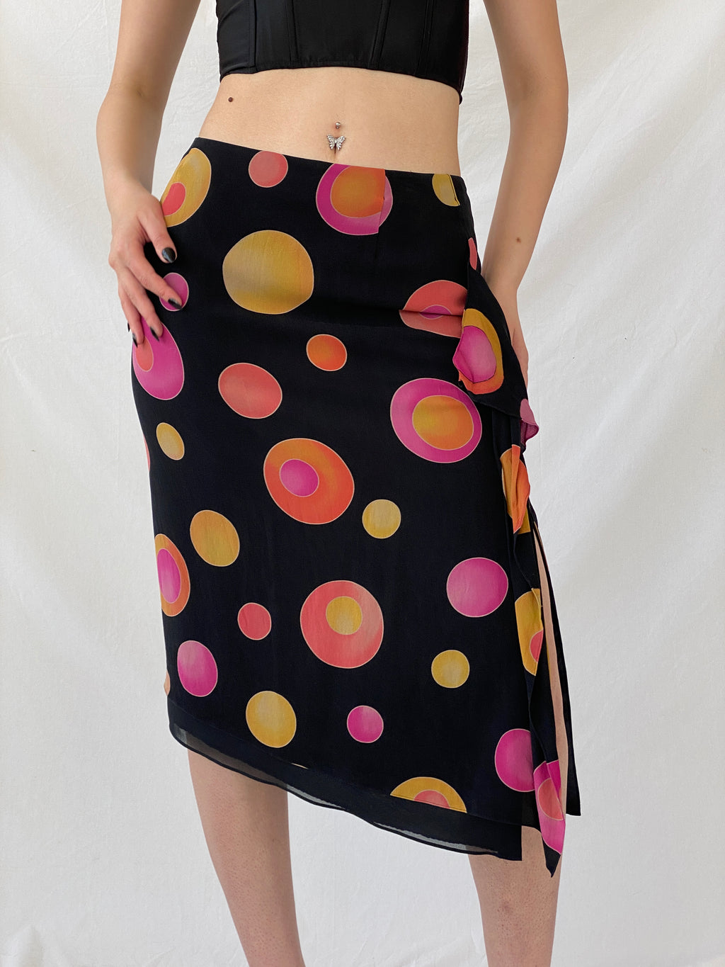 Vintage 1990s Louis Féraud Silk Dot Midi Black Groovy Skirt with Colorful Circles and Side Slits - M