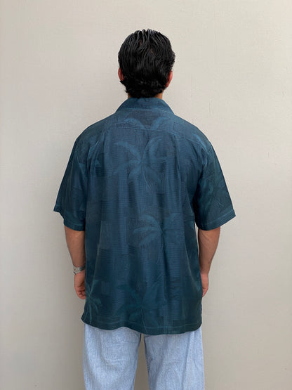 Vintage Tommy Bahama Relax Deep Navy Palm Jacquard Silk Camp Shirt – M