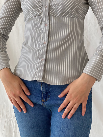 Y2K Vero Moda Gray Full Sleeve  Striped Office Core Shirt - S