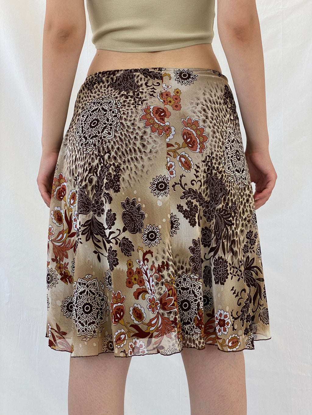 Vintage Xanaka Brown Floral Boho Paisley Print Midi Skirt - M