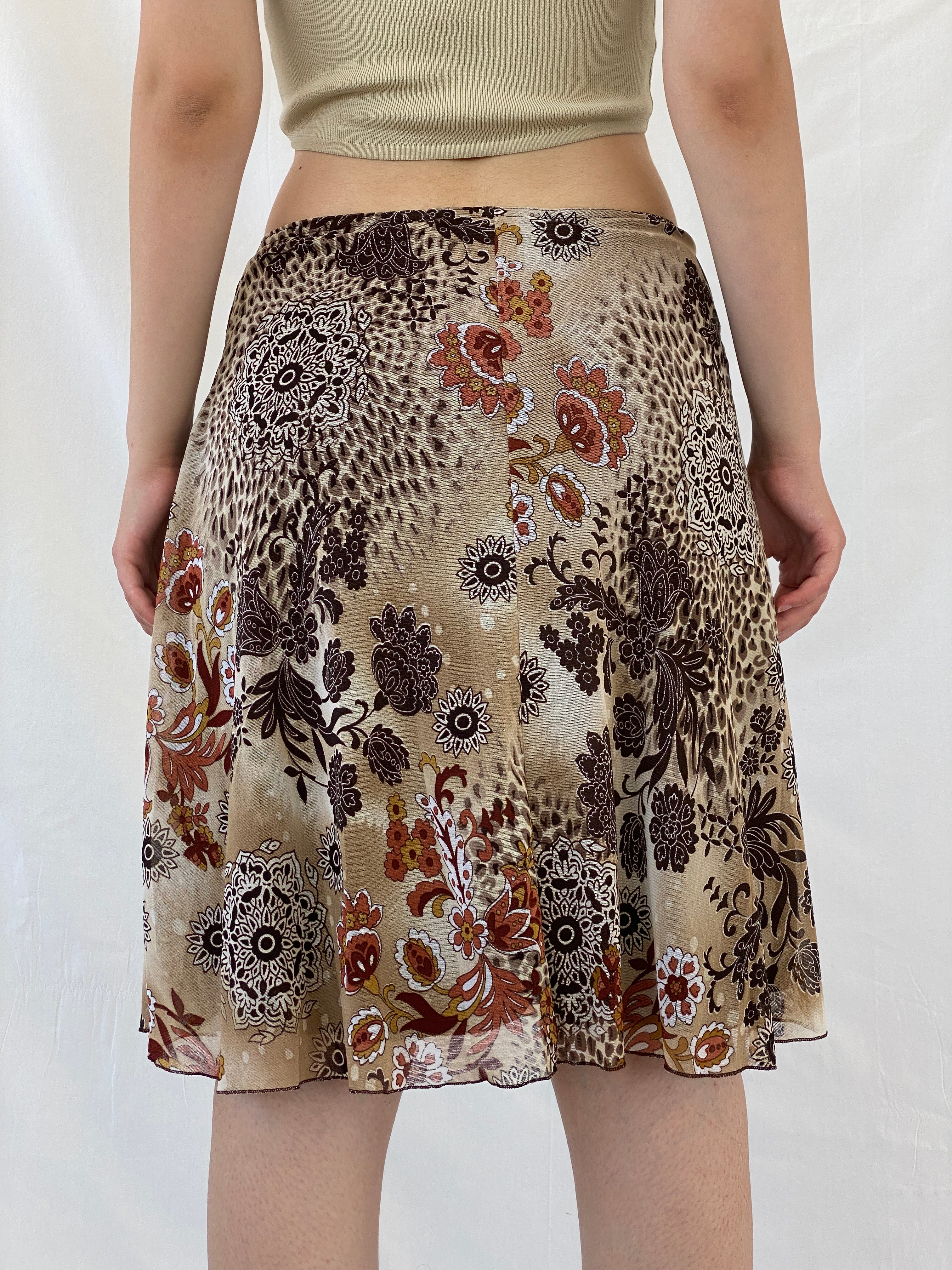 Vintage Xanaka Brown Floral Boho Paisley Print Midi Skirt - M