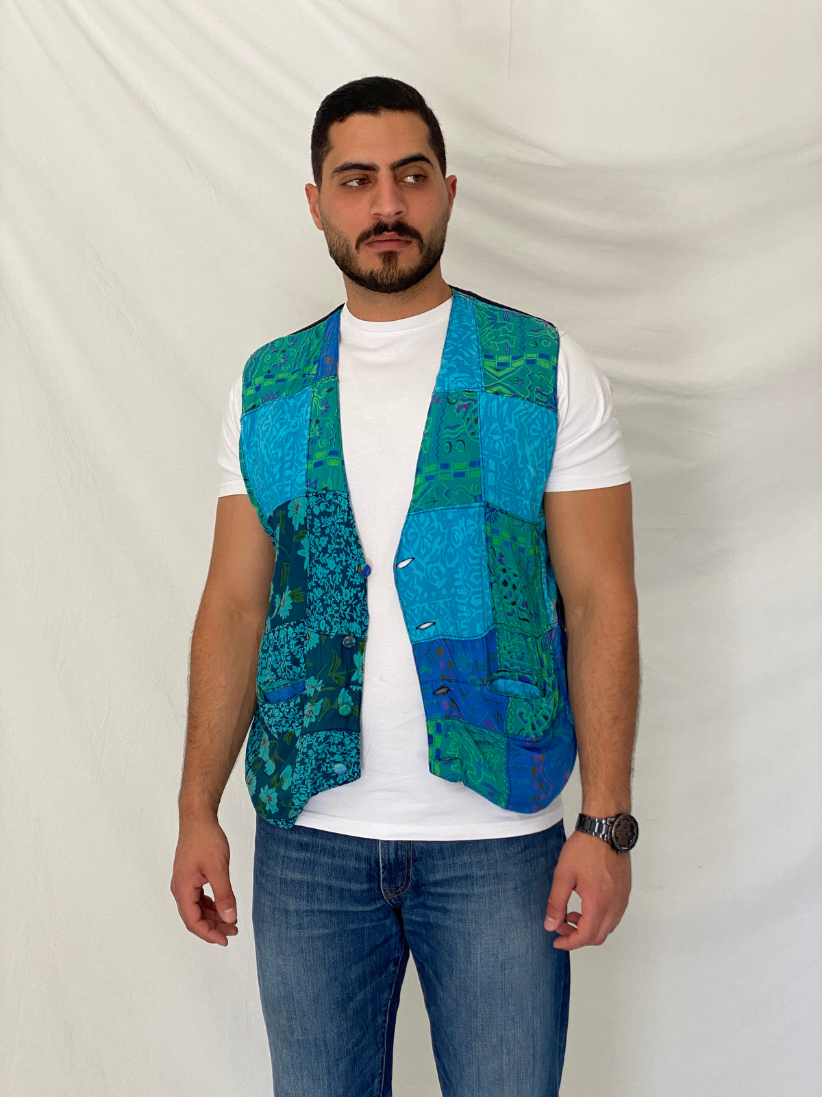 Vintage 90s Nativewear Designs Blue Green Patchwork Boho Festival Vest – XL Vintage 90s Nativewear Designs Blue Green Patchwork Boho Festival Vest – XL